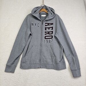 Aeropostale Full Zip Up Hoodie Men's Large Gray Chenille Letters Pockets